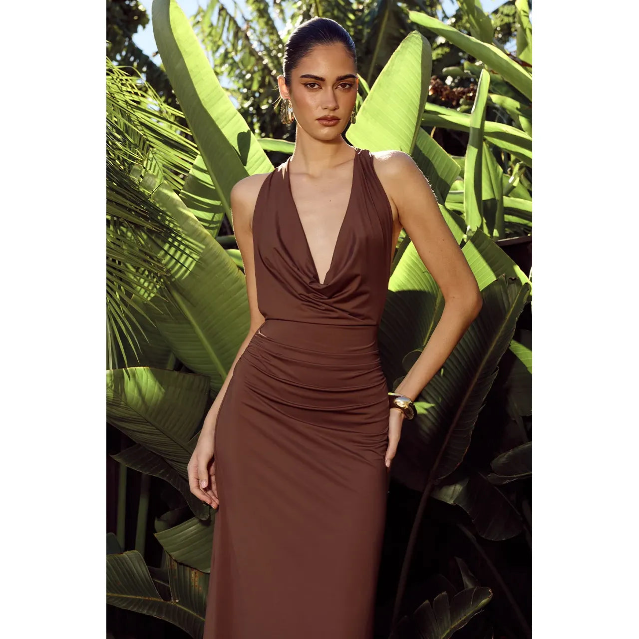 Ivy Cowl Racerback Maxi Dress in Mocha