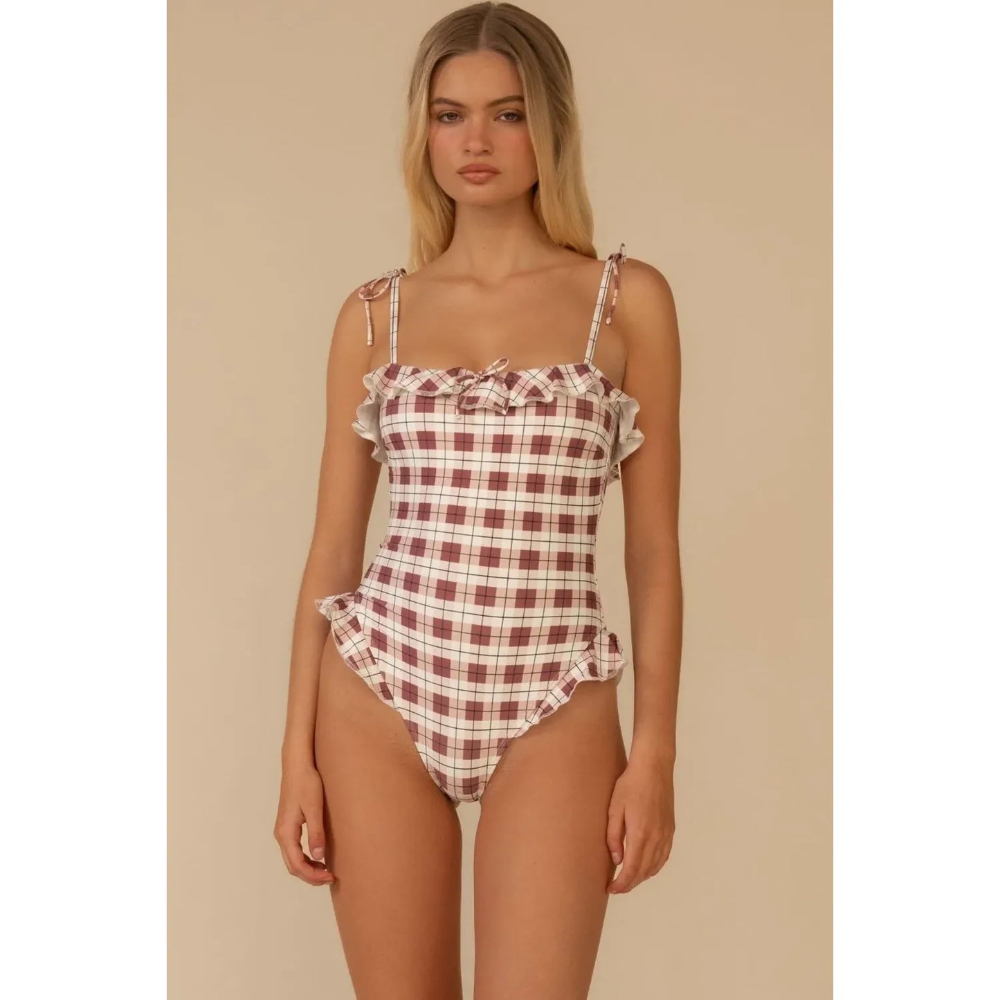 Maroon Plaid Jacelyn Ruffle One-Piece