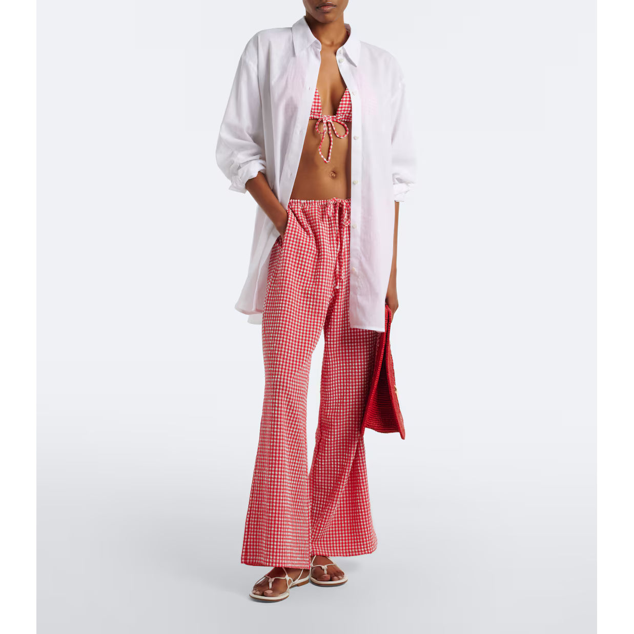 Red Gingham Drawstring Wide Leg Pant