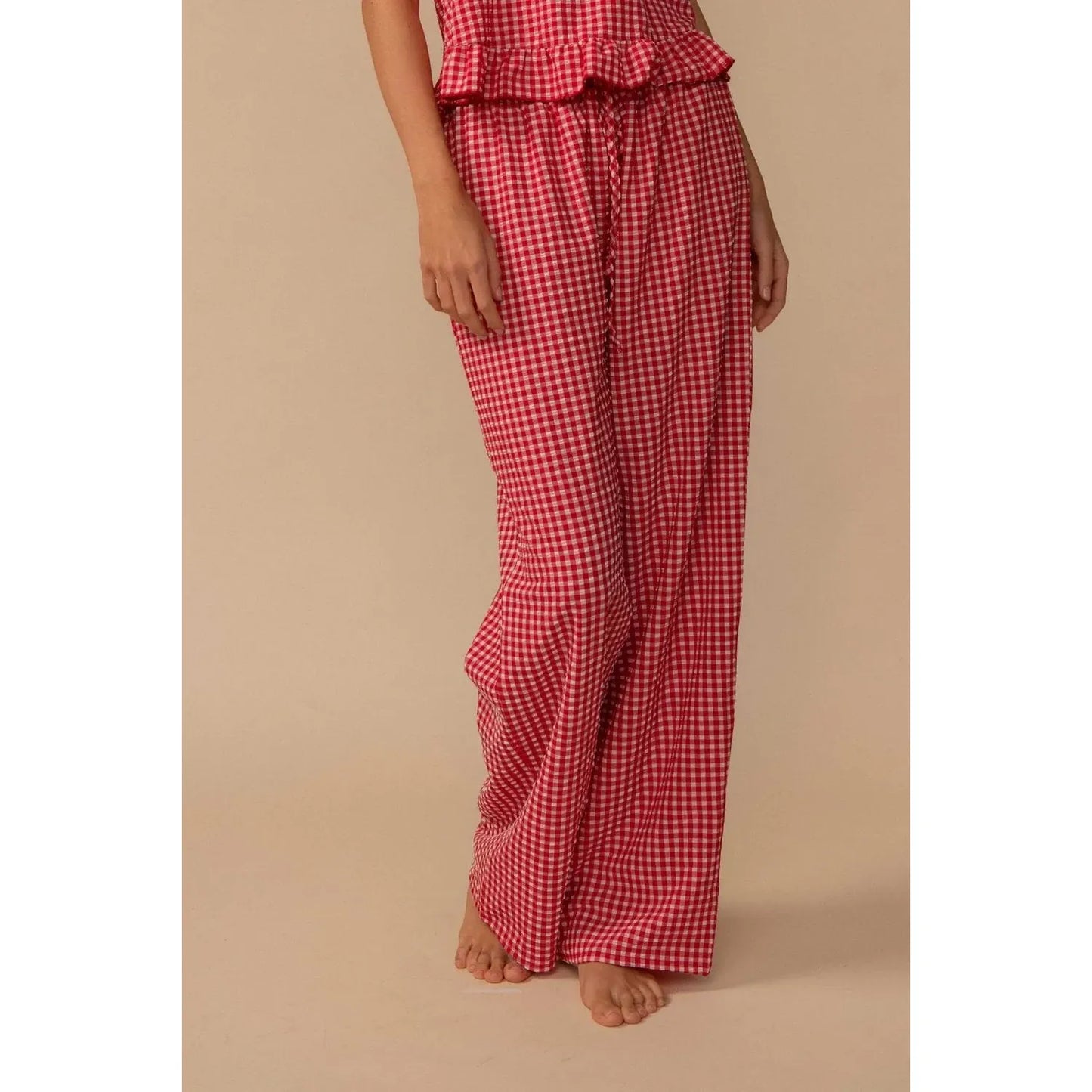 Red Gingham Drawstring Wide Leg Pant