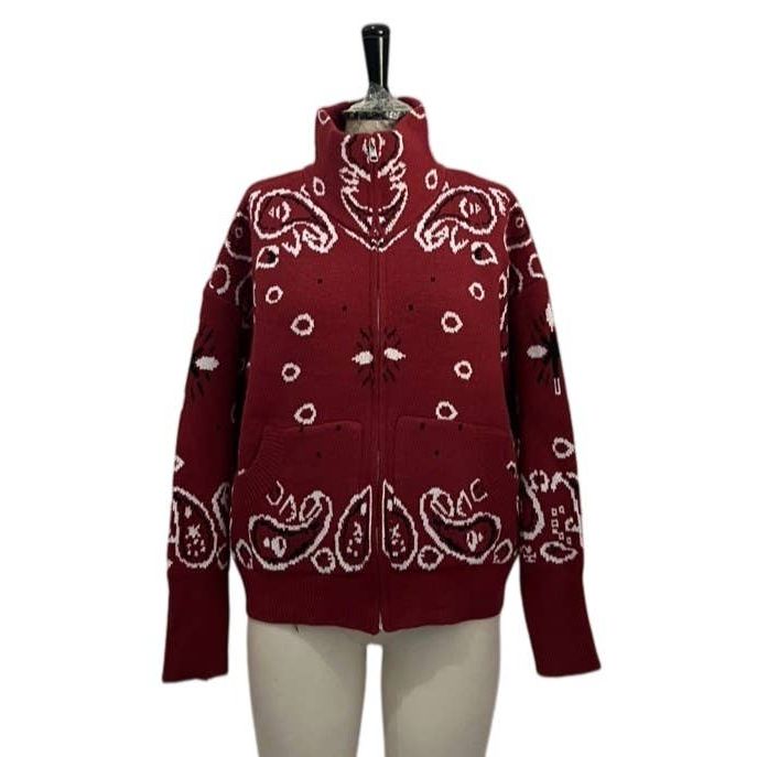 Bandana-Inspired Paisley Zip-Up Knit Cardigan Jacket: Red / M