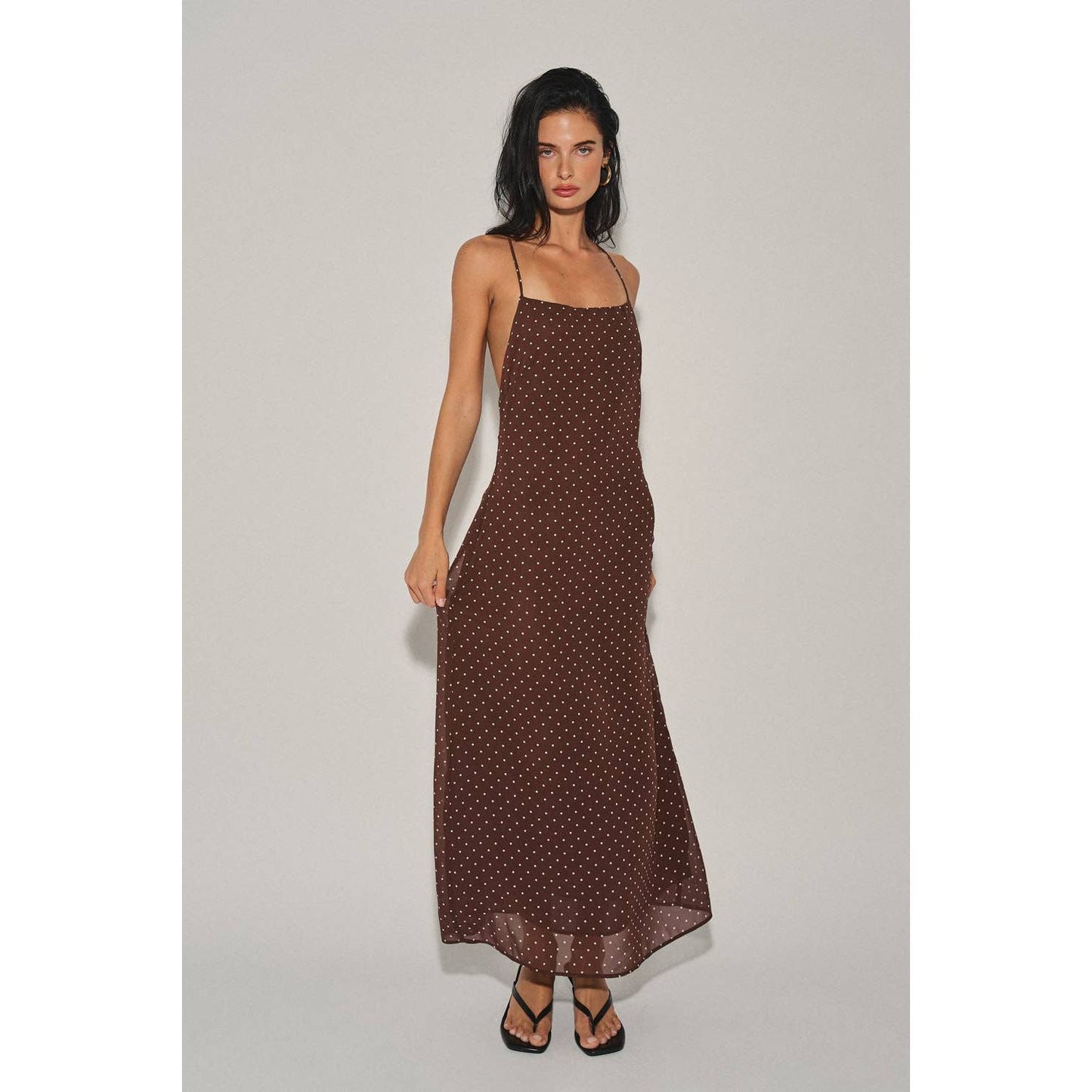 A4721D LADIES WOVEN POLKA DOT HALTER MIDI DRESS : Chocolate / M
