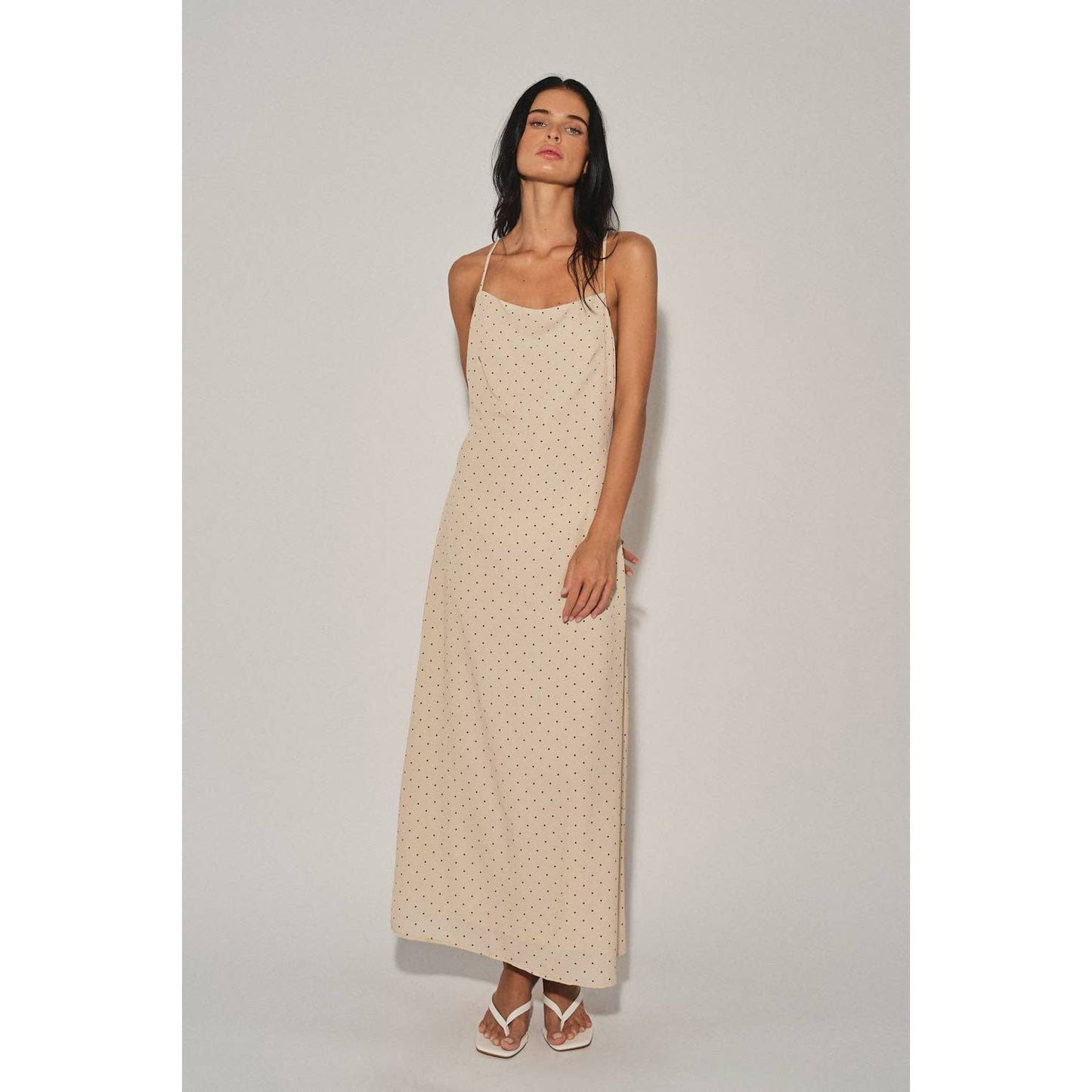 A4721D LADIES WOVEN POLKA DOT HALTER MIDI DRESS : Chocolate / L