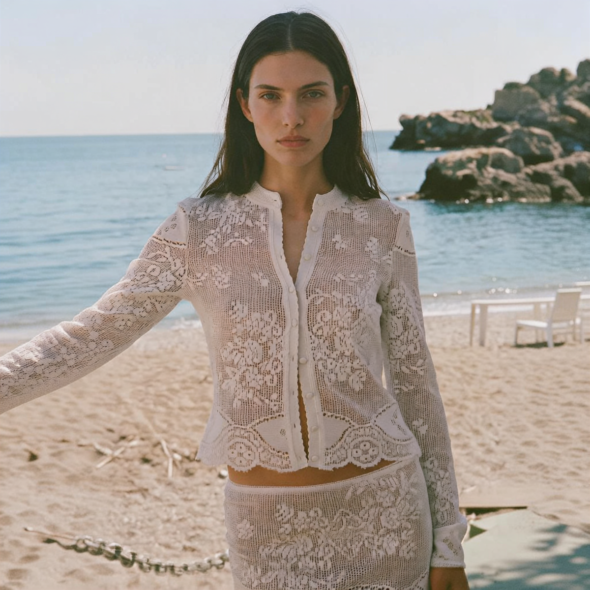 Lace Crochet Cardigan and Mini Skirt Set