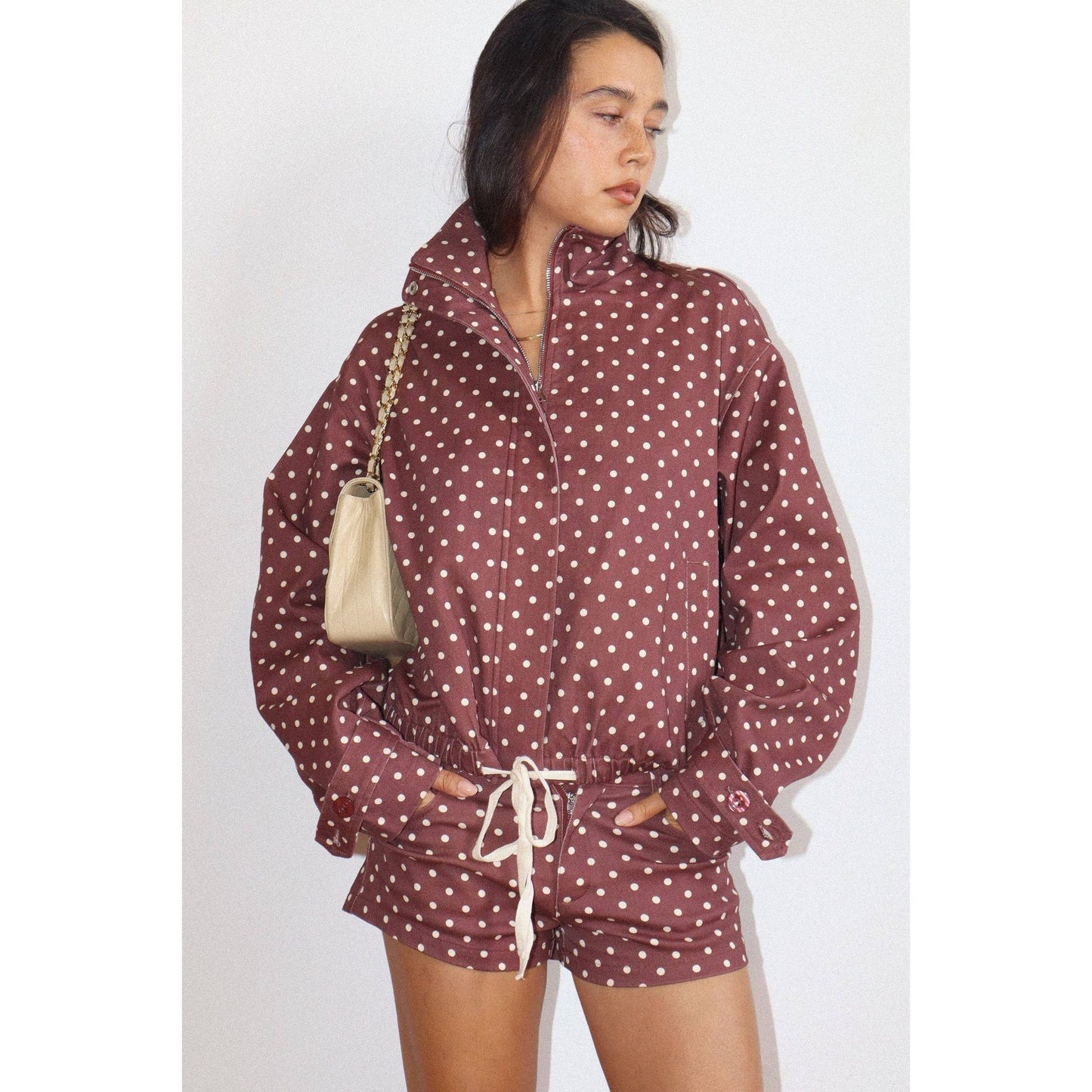 Polka Dot Zip-Up Windbreaker: CREAM / L