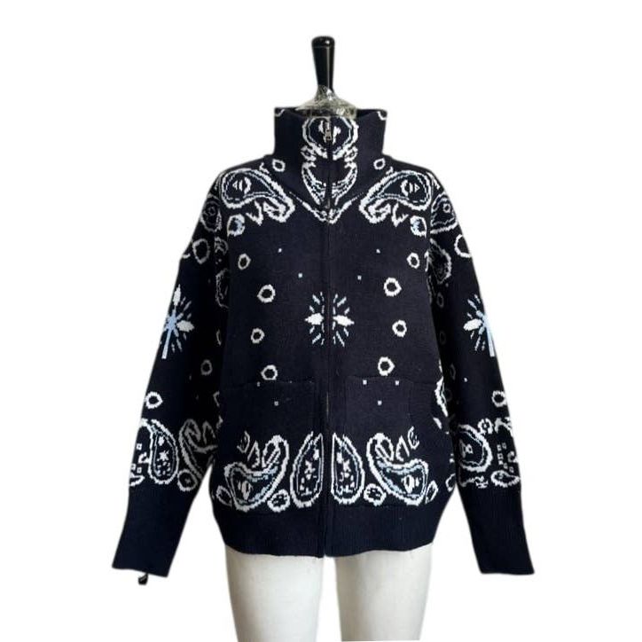 Bandana-Inspired Paisley Zip-Up Knit Cardigan Jacket: Red / M