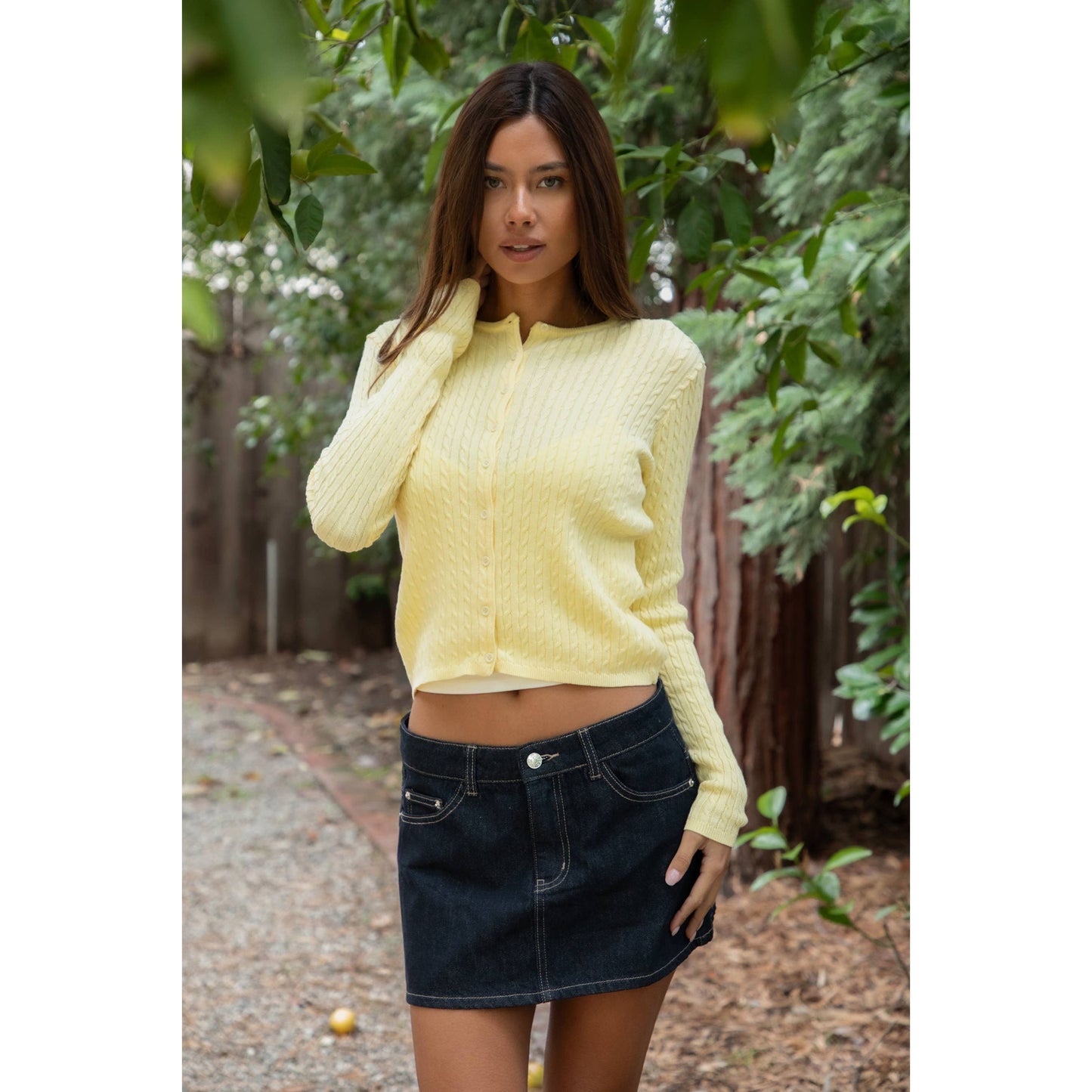 KRISTY Cable Knit Basic Long Sleeve Cardigan Top: PALE YELLOW / 3 SMALL • 2 MEDIUM • 1 LARGE