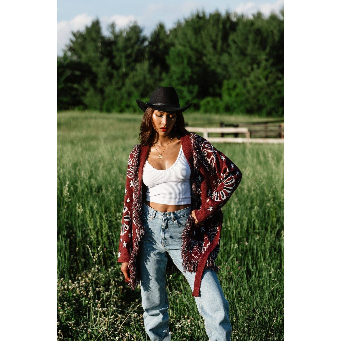 Burgundy Bandana Fringe Cardigan