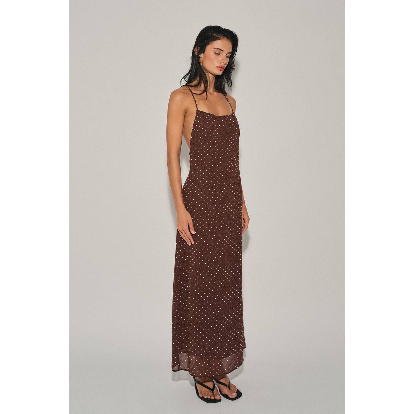 A4721D LADIES WOVEN POLKA DOT HALTER MIDI DRESS : Chocolate / L