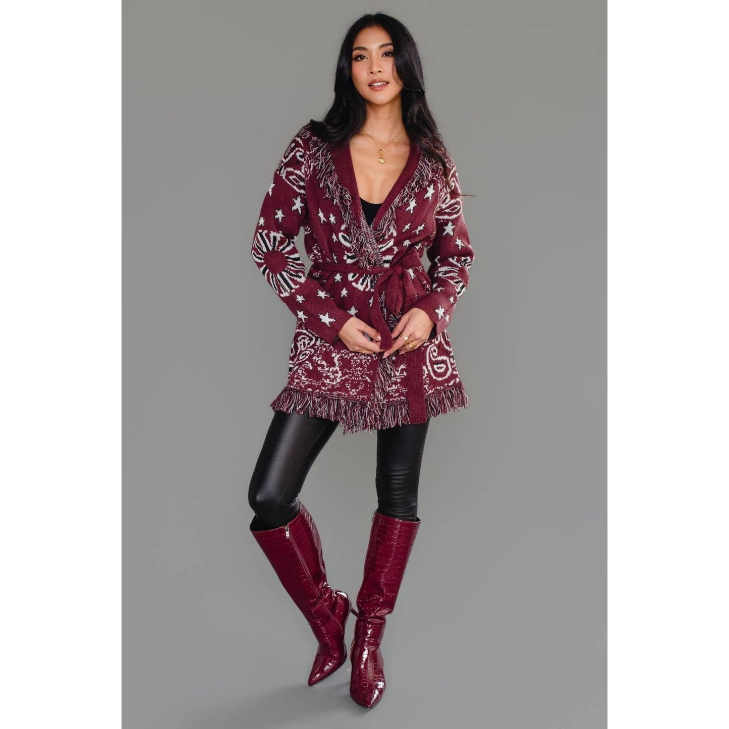 Burgundy Bandana Fringe Cardigan