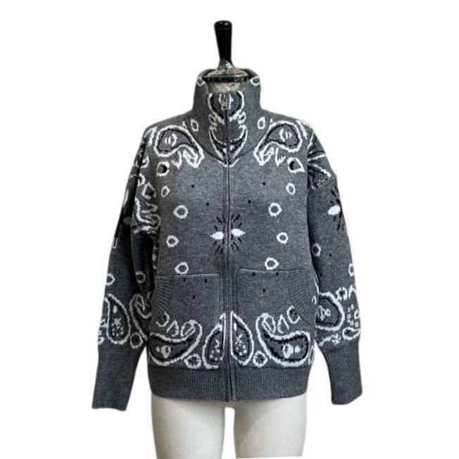 Bandana-Inspired Paisley Zip-Up Knit Cardigan Jacket: Red / M