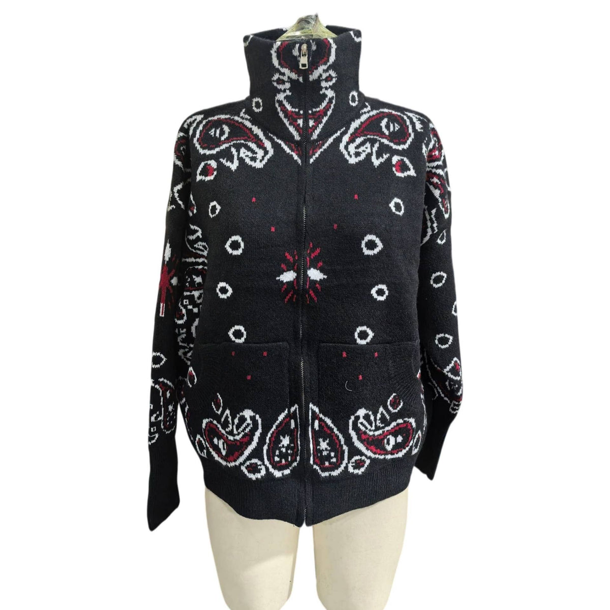 Bandana-Inspired Paisley Zip-Up Knit Cardigan Jacket: Red / M