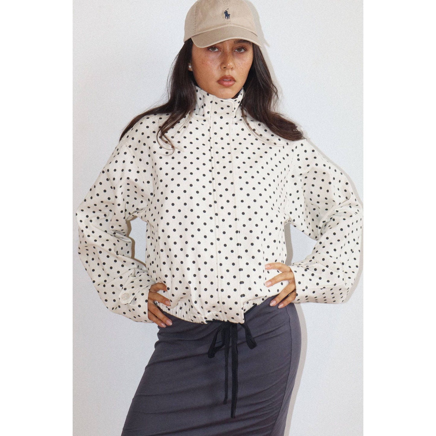 Polka Dot Zip-Up Windbreaker: CREAM / L