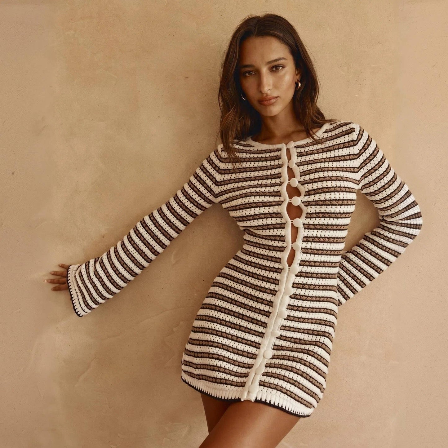 Coastal Stripe Knit Button Front Mini Dress