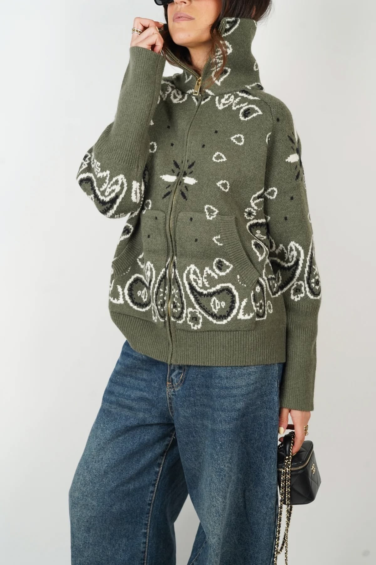 The Bandana Knit Zip-Up in Green Khaki